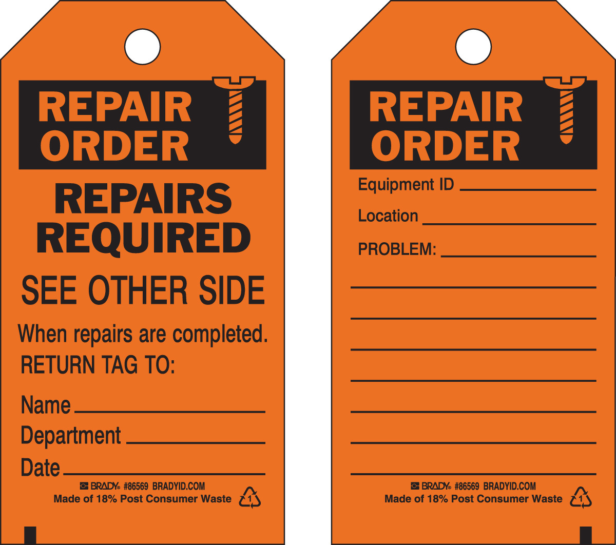 Brady 5 34 X 3 BlackOrange Cardstock Tag REPAIRS REQU BRD86679 for sale online at autumn supply