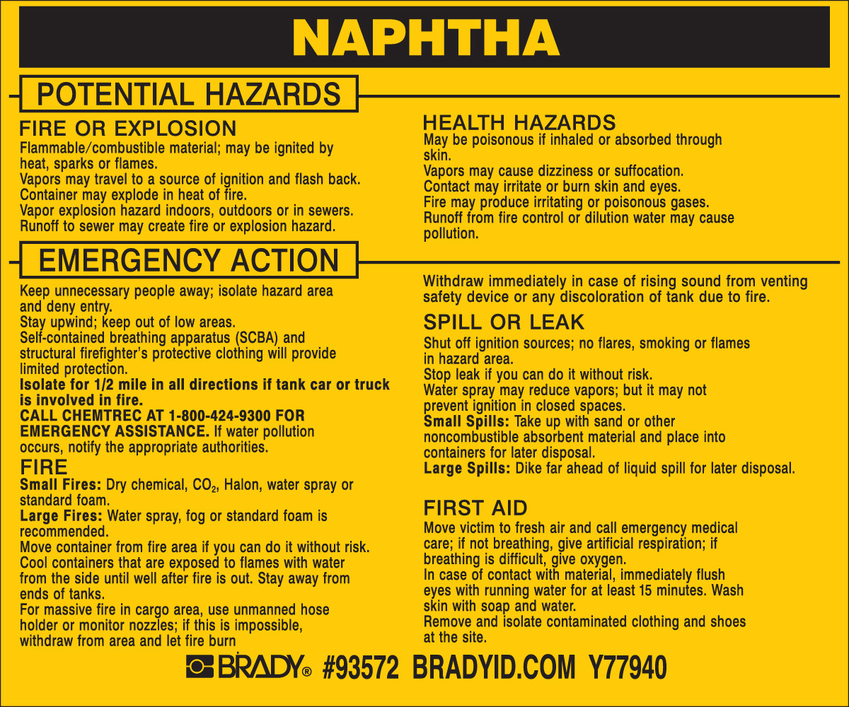 Brady 3 12 X 4 12 BlackYellow Vinyl Label NAPHTHA BRD93572 for sale online at autumn supply