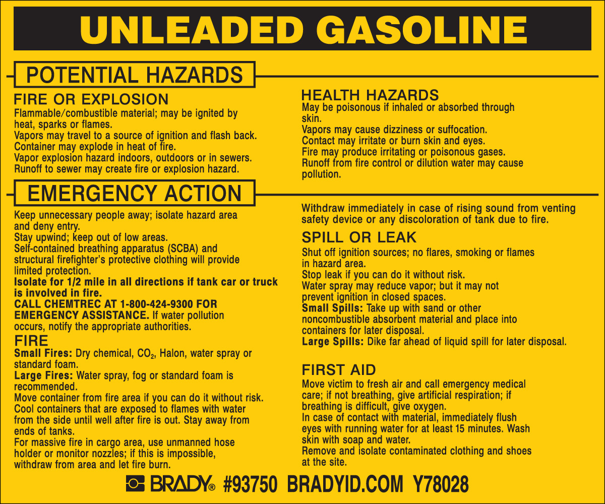 Brady 3 12 X 4 12 BlackYellow Vinyl Label UNLEADED GA BRD93750 for sale online at autumn supply